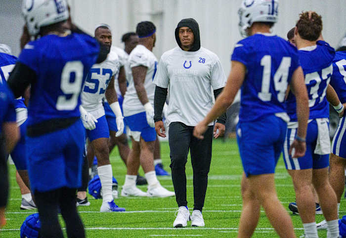 Jul 28, 2023; Westfield, Indiana, USA; Indianapolis Colts running back Jonathan Taylor (28) makes his way around the field during an indoor practice at Grand Park Sports Campus. Mandatory Credit: Mykal McEldowney/The Indianapolis Star-USA TODAY Sports